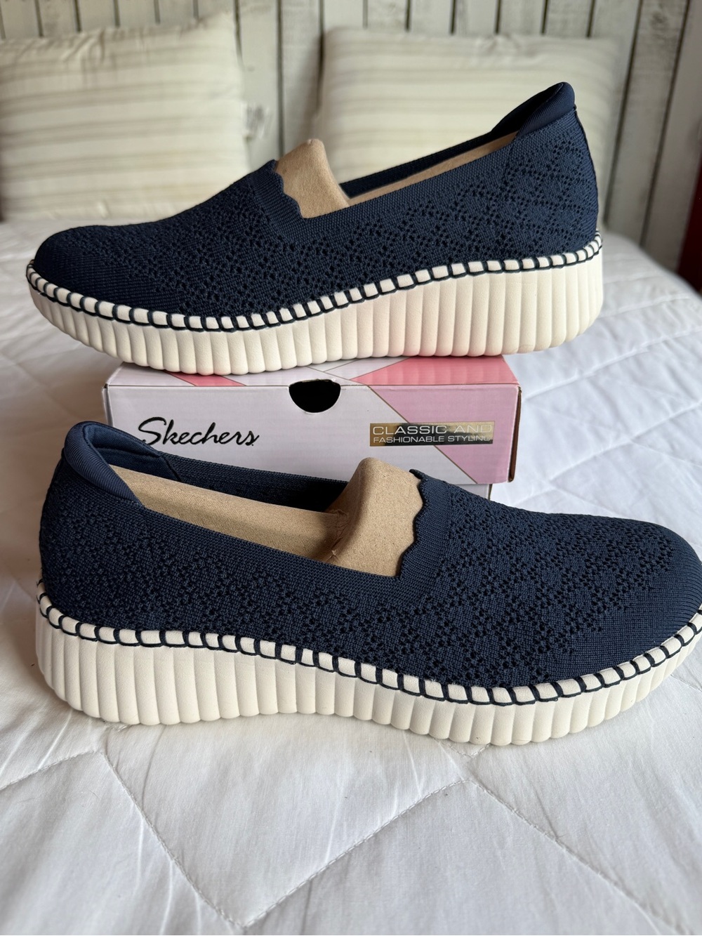 Skechers Navy Knit Slip-On Platform Loafers with Cream Trim